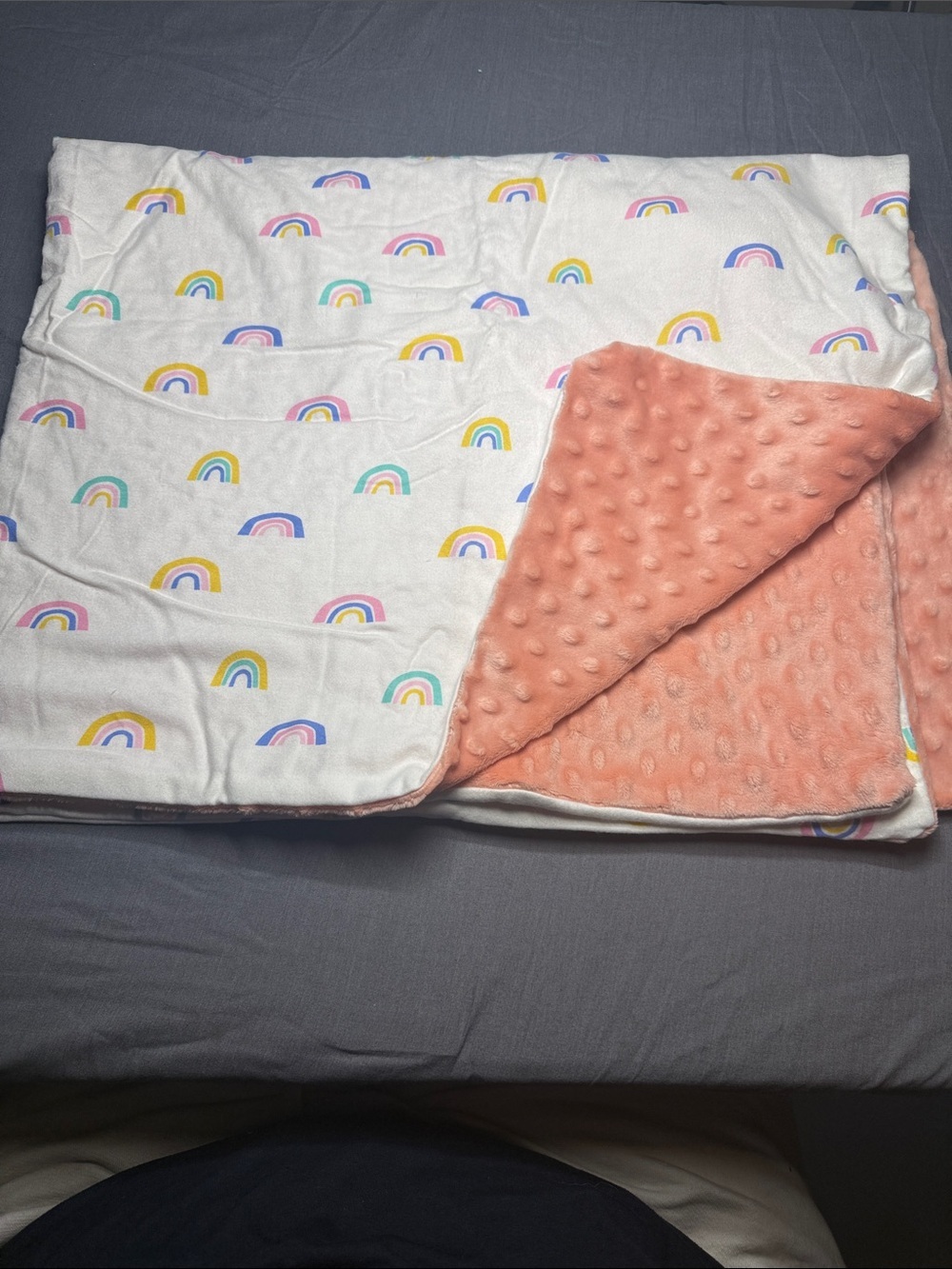Soft Rainbow Print Reversible Baby Blanket - Coral Minky Backing